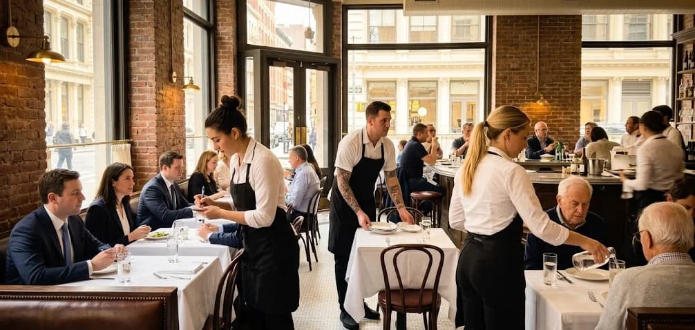 Busy NYC restaurant dining room with three servers tracked by performance metrics