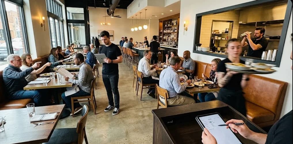 Restaurant manager reviewing service